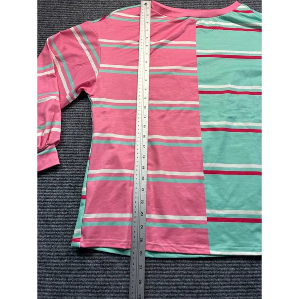 Womens Pink Mint Green Striped Colorblock Long Sleeve Shirt Top Pastel‎ SZ Small - Image 4