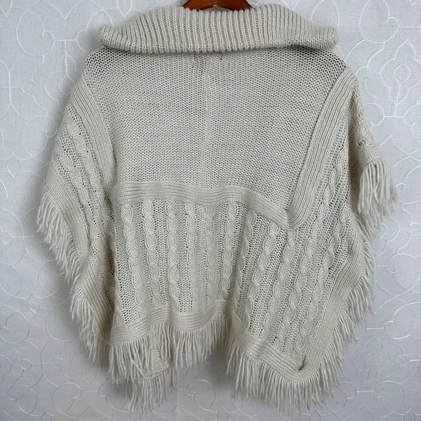 Madden NYC Womens Ruana Sweater OS Cream Open Front Fringe Cable Knit Poncho - Image 7