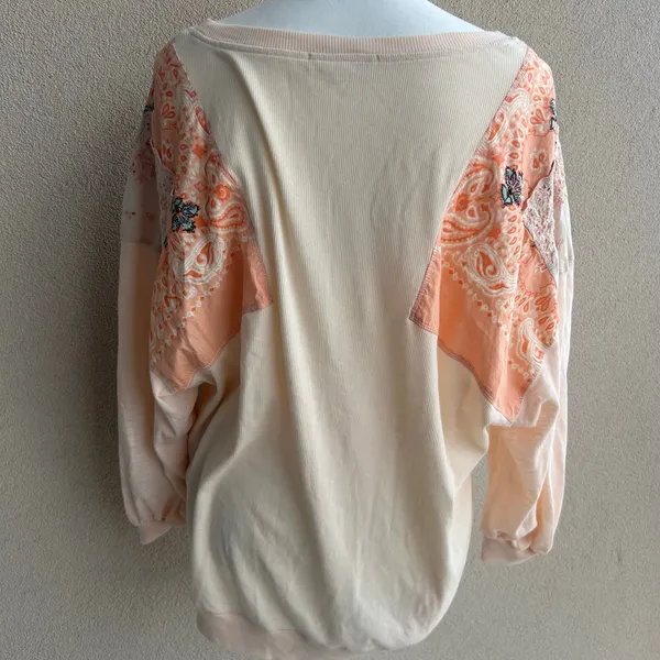 We the Free Boho Patchwork Cream Oversized Longsleeve Crewneck Size Small - Image 7
