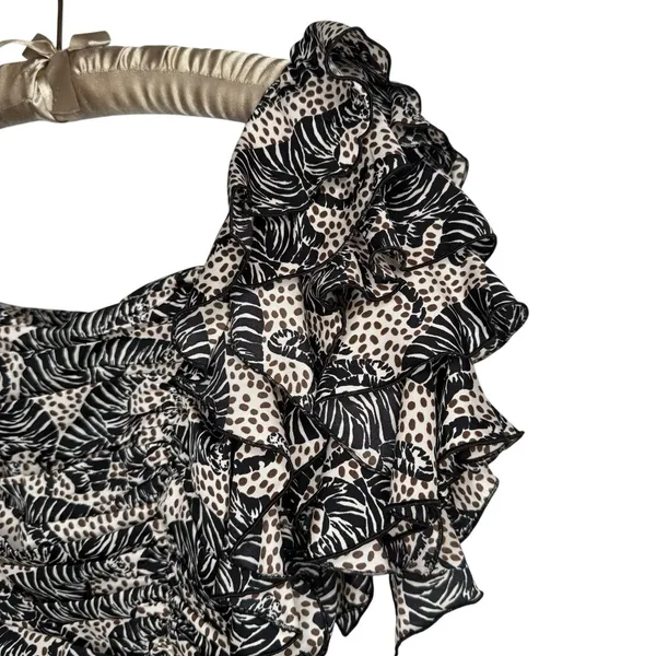 ZARA Blouse Small Tiger Animal‎ Print Ruffle Square Neck Ruched Statement RARE - Image 2