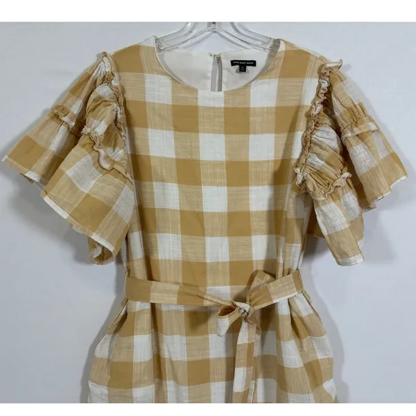 Who What Wear Womens M Mustard Yellow Gingham Cotton Ruffle Sleeve Mini Dress - Image 6