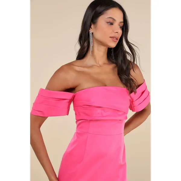 NWT Lulus Totally Haute Hot Pink Satin Pleated Off-the-Shoulder Mini Dress Sz M - Image 8