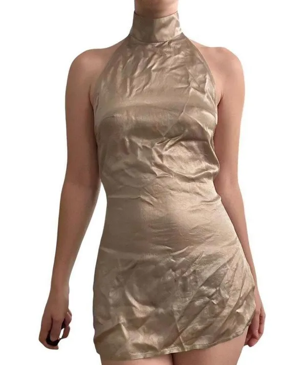 High neck backless gold satin micro mini dress size small - Image 2
