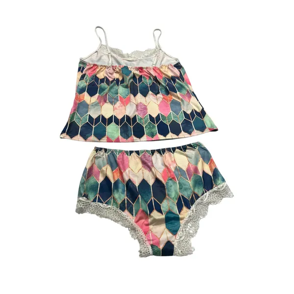 Geometric Diamond Print Pajama Set Lace Camisole and Shorts‎ 2Piece Sleepwear - Image 4