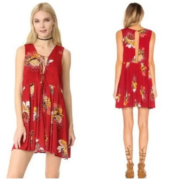 Free‎ People Lovely Day Floral Printed Red Boho Tunic Mini Dress Medium Flowy - Image 2