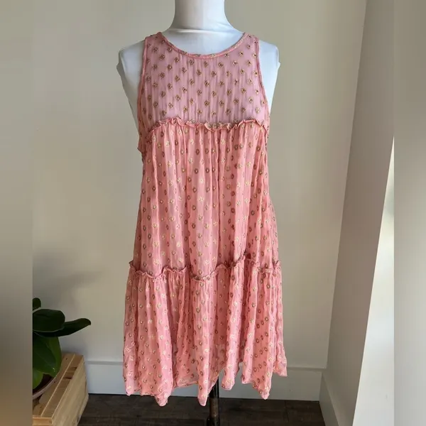 Free People Sophia Tiered Slip Dress Open Back Pink Gold Polka Dots Women's XS - Image 2