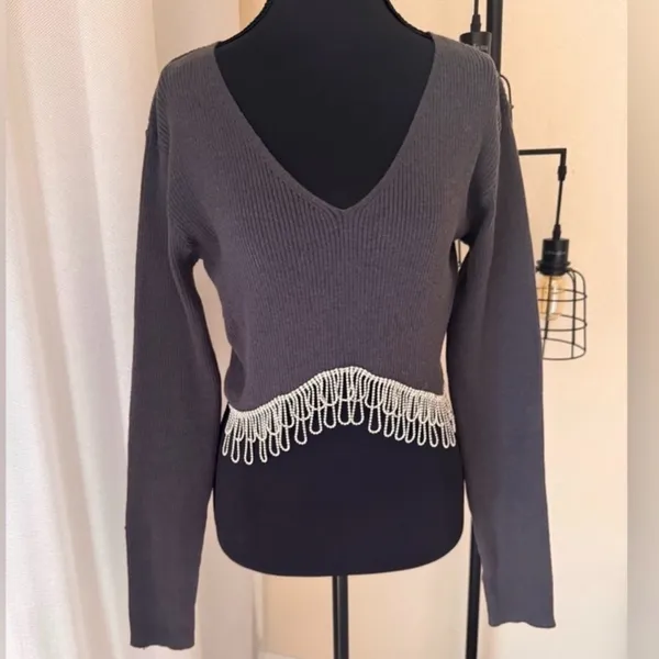 Zara Rhinestone Fringe Crop Top Gray Ribbed Y2K Going Out Party Top Size L - Image 3