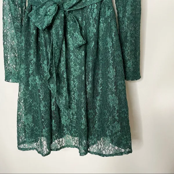 Vintage Green Lace Skater Dress Keyhole‎ Long-Sleeve Tie-Back Bow Christmas - Image 3