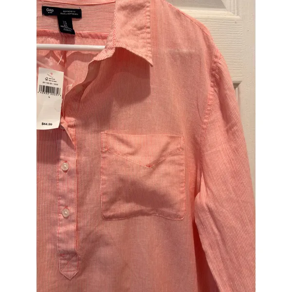 Gap Womens Boyfriend Fit Popover Shirt Coral Pink White Stripe Cotton‎ Large NWT - Image 2