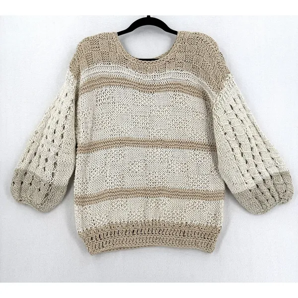 Handmade Crochet Knit Sweater Women Ivory Beige Balloon Sleeve Boho Coastal Chic - Image 2