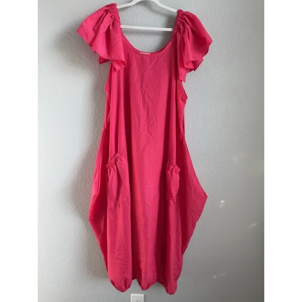 Karen T Design Hot Pink Balloon Bubble Dress Ruffle Midi Boho Flawless‎ OS Plus - Image 4