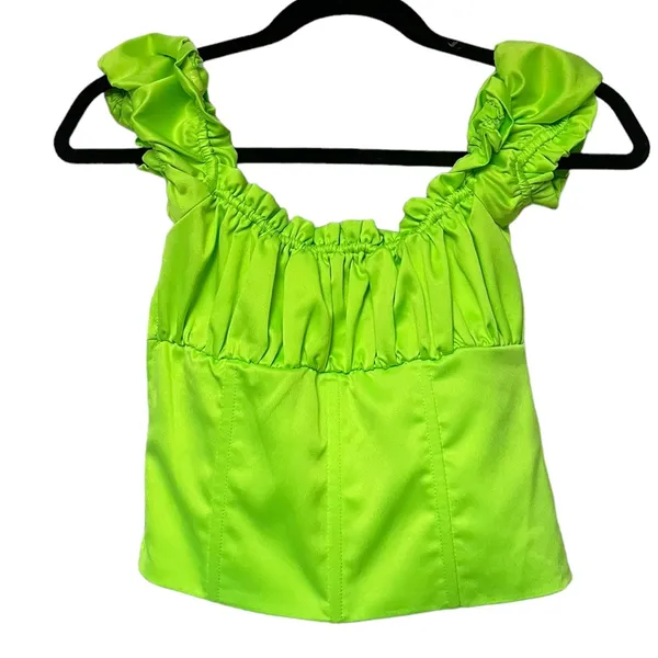 I.AM.GIA Naomi Ruched Milkmaid Neon Green Crop Top Shirt Blouse - Image 7