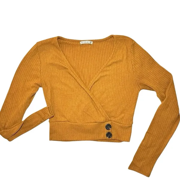 Active USA Ribbed Mustard Wrap Front Soft Crop Top Mustard Y2K Long Sleeve Small - Image 3