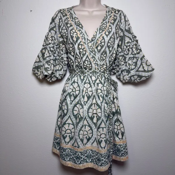 Anthropologie‎ Ash Eden Women 100% Cotton Mini Wrap Dress XS Green Cottage Party - Image 3