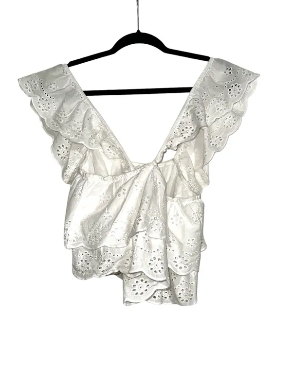 Show Me Your Mumu Girly White Eyelet Ruffle Square Neck Cotton Crop Top SMALL - Image 4