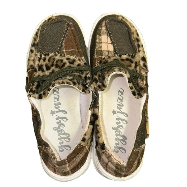 Gypsy Jazz Leopard Patchwork Slip On Sneakers Size 6‎ Boho Casual Shoes Green - Image 4