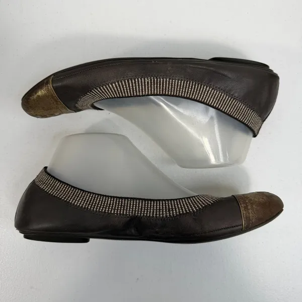 Tory Burch Sz 8.5 Gabby Ballet Flats Gun Metal Leather Gold‎ Cap Toe Logo Shoes - Image 3