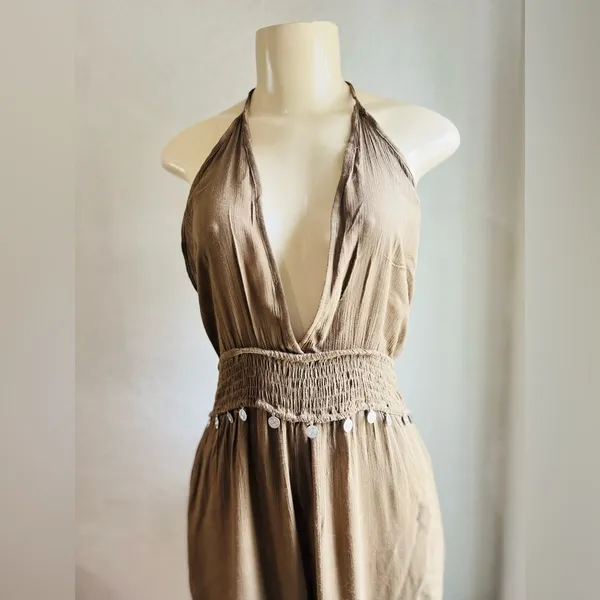 Earthbound Trading Co halter neck, gathered waist, harem leg jumpsuit, olive S - Image 4