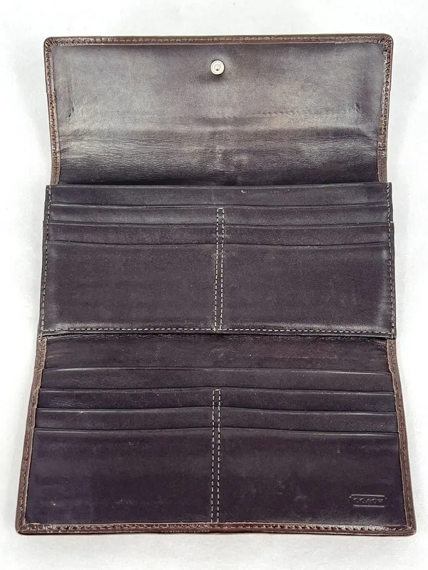 Coach Signature Canvas Khaki Jacquard Brown Leather Trifold Snap Closure Wallet - Image 4