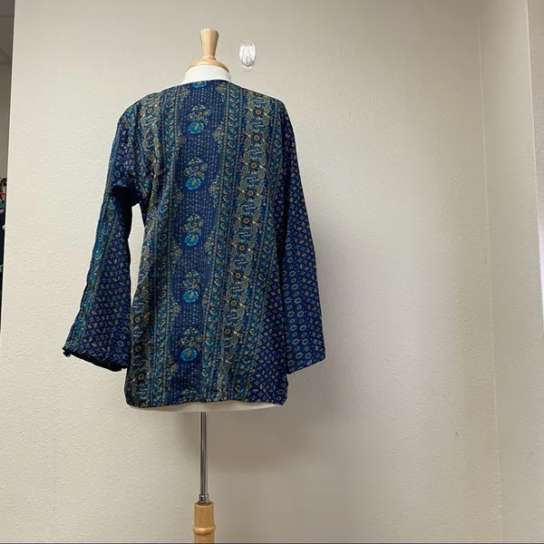 Boho Blue Green Paisley Print Bell Sleeve Tunic Top Est XL - Image 2