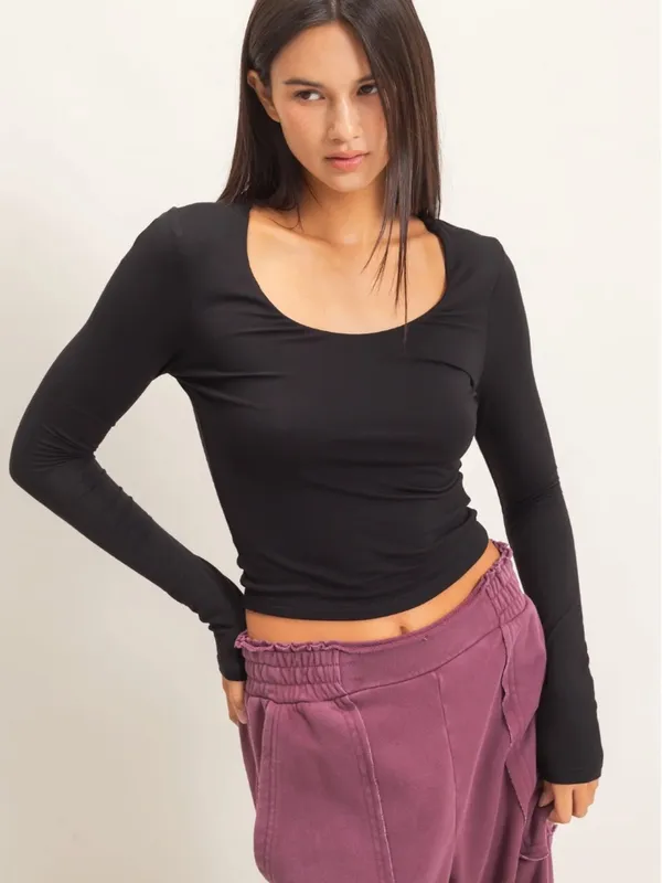 NEW Double Zero Black Scoop Neck Long Sleeve Top – Large - Image 2