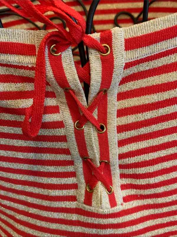 🚨🚨🚨BOGOHO🚨🚨🚨Boston Proper Striped Lace-Up Top - Red & Gold Shimmer-M - Image 9