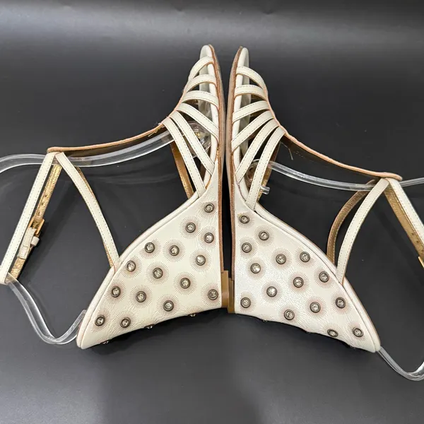 ESCADA Ivory White Leather Crystal Studded T-Strap Wedge Sandals Size 37 1/2 - Image 5