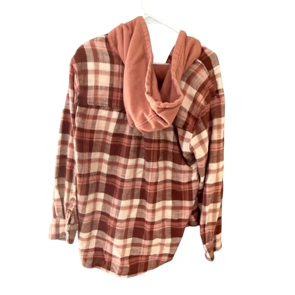 American Eagle Outfitters Womens Mauve Plaid Hooded Flannel Shirt Medium Fall - Image 4