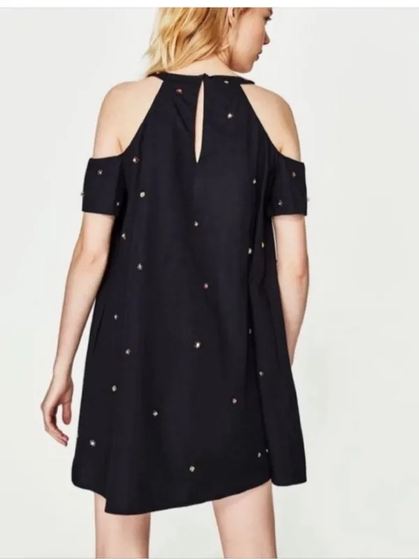 Zara navy blue cold shoulder poplin dress beaded detail XS - Image 3