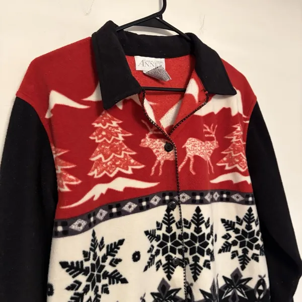 Vintage Fleece Button Up Jacket Collar Small Black Red Winter Reindeer Snowflake - Image 4