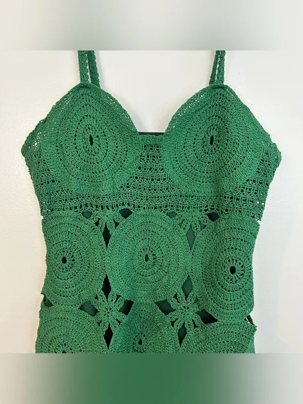 FORE Emerald Green Knit Crochet Sleevless Scallop Cotton Mini Dress Size Large - Image 3
