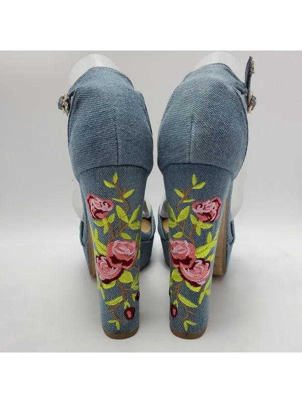 Heart in D Blue Denim Floral Embroidered Platform Heels Sandals Size 8 - Image 6