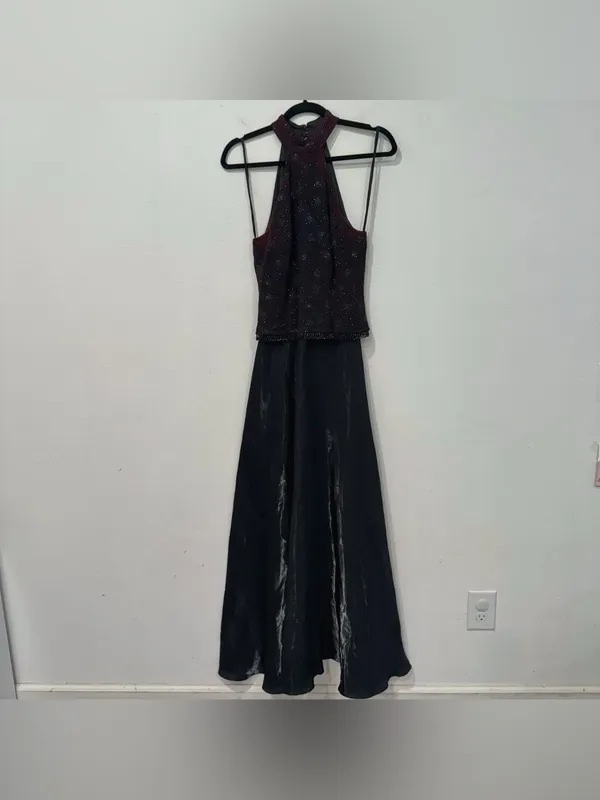 Bari Jay Vintage Sparkly Maroon Beaded Halter Satin Formal Evening Gown 4/6 - Image 2
