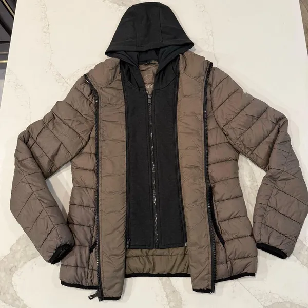 Guess Detachable Hoodie Puffer Jacket Women’s Size Large Taupe Outerwear Casual - Image 9