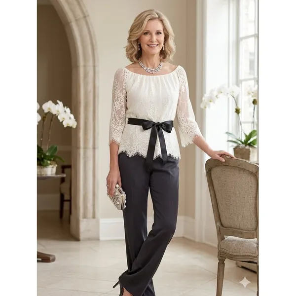 NWT Teri Jon Ivory‎ Lace Off Shoulder Blouse Black Satin Belt Size 4 - Image 14