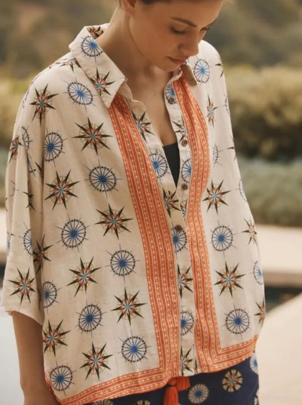 By Anthropologie Linen Blend Top MEDIUM Oversized Bohemian Button Printed Hippie - Image 8