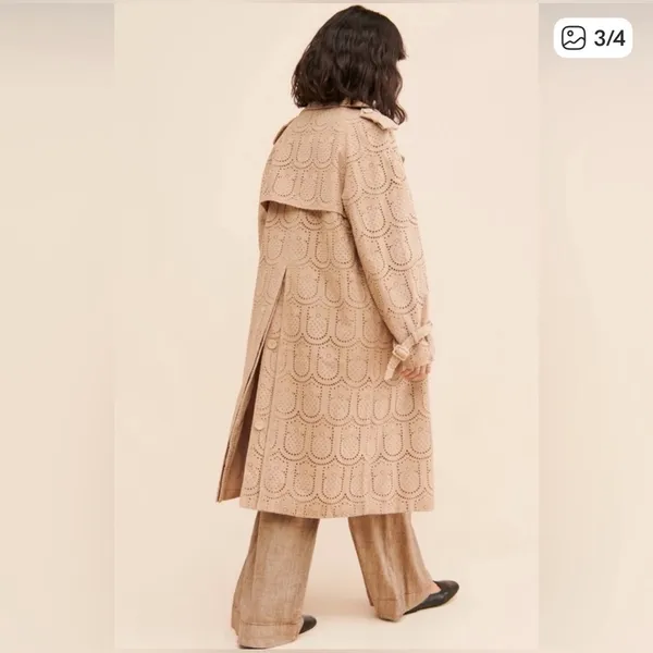 Farm Rio Eyelet Trench Coat – Tan Embroidered Long Jacket Sz XS - Image 2