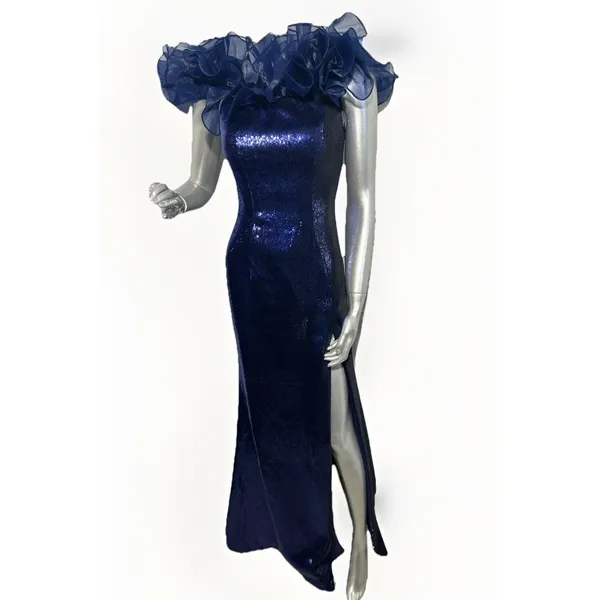 Sherri Hill 55328 Navy Blue Sequin Off-The-Shoulder Ruffle Gown – Size 00 - Image 3