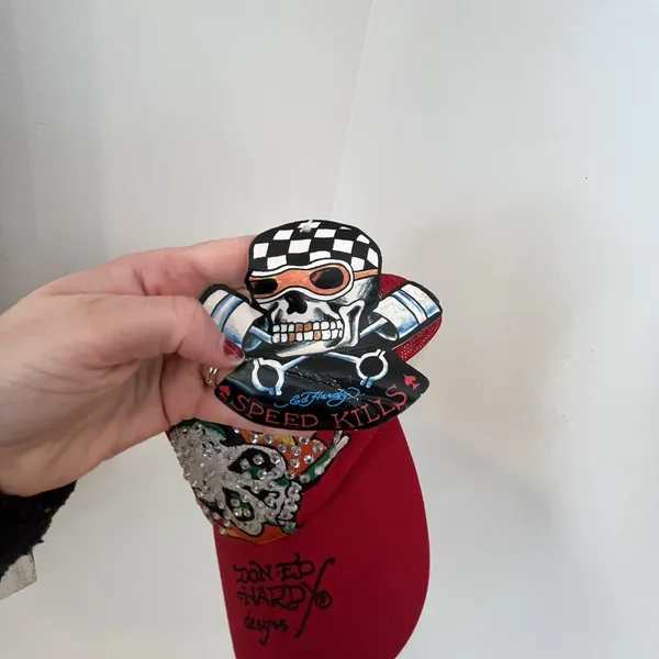 NWT Ed Hardy Red Skull With Fire Flames Rhinestone SnapBack Trucker‎ Hat Edgy - Image 6