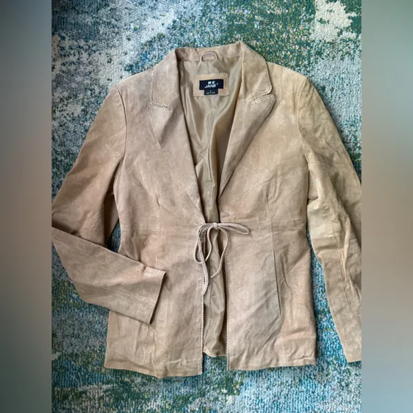 Y2K vintage Me Jane nude suede open front tie blazer, size large - Image 8