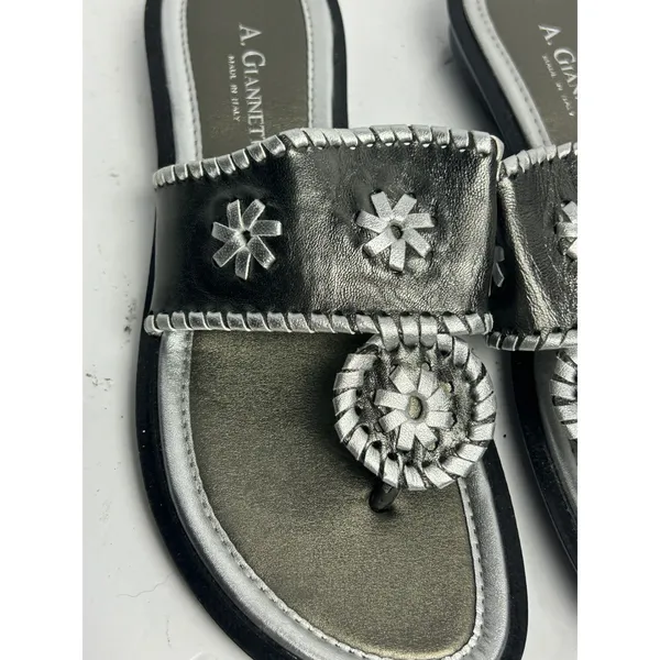 A. Giannetti Italian Leather Thong Sandals Pewter Silver Whipstitch Womens 9M - Image 3