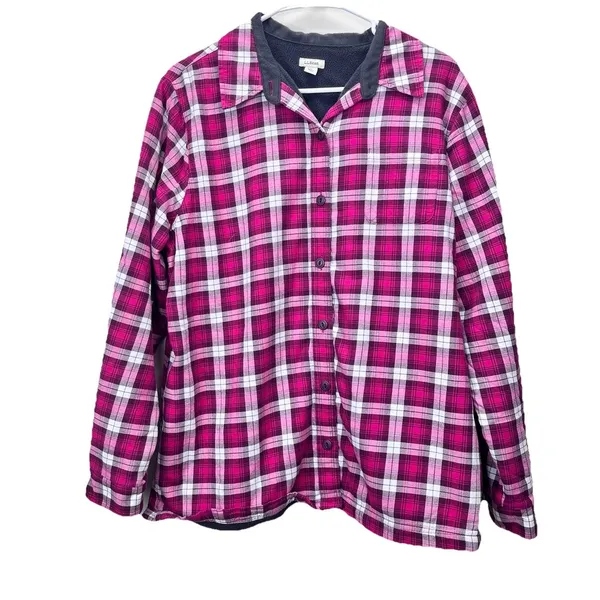 LL Bean Pink Plaid‎ Fleece Lined Flannel Shirt Jacket Shacket Size LARGE - Image 2