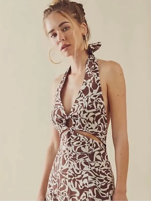 Free People Kira Abstract Cut-Out Brown & White Jumpsuit - Image 3