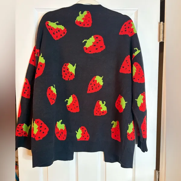 NWOT Navy open-front cardigan with a strawberry print, L - Image 2