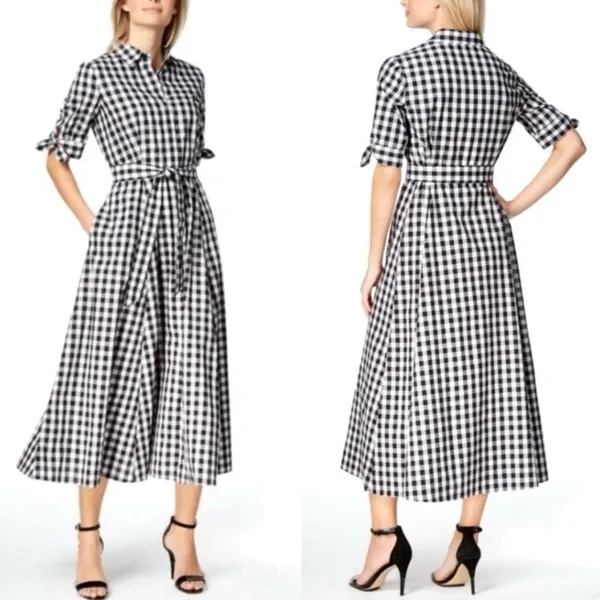 CALVIN KLEIN Black White Gingham Plaid Short Sleeve Shirt Dress Midi Belted - Image 2