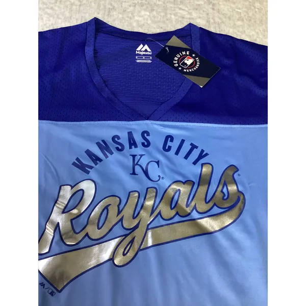 Majestic Kansas City Royals MLB Womens Blue Mesh‎ V-Neck Jersey Shirt Medium NEW - Image 2