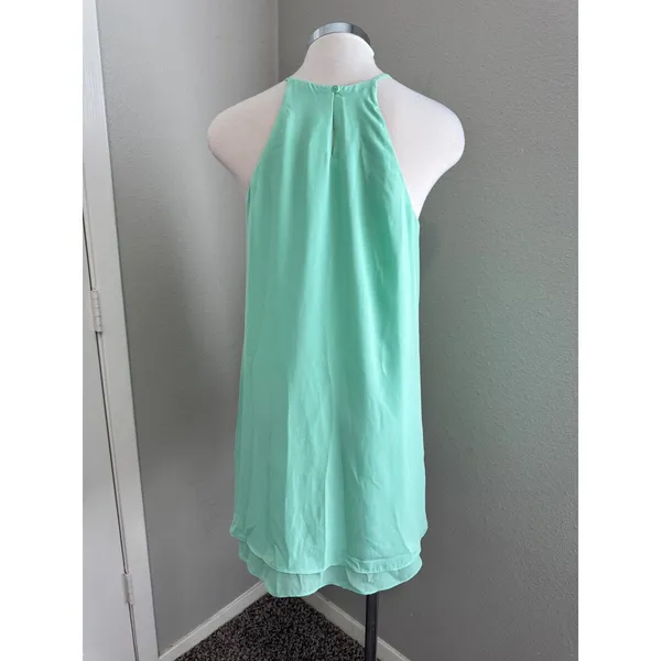 Pink Rose| Mint Green Halter Neck Sleeveless Casual Dress Flowy Layered‎ Hem S - Image 3