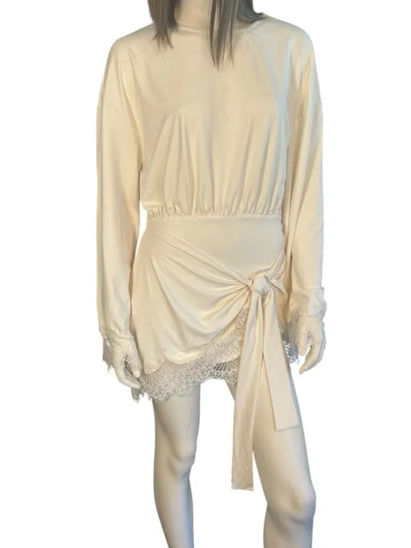 AiiRZ Long Sleeve Jersey Mini Dress With Lace Trim Cream Large NWT - Image 7
