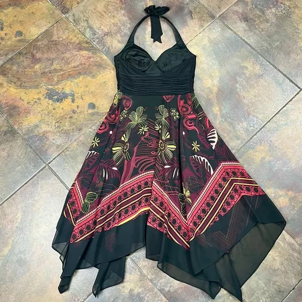 Sangria Ruched Bodice Asymmetrical Handkerchief Hem Halter Dress 4 - Image 13
