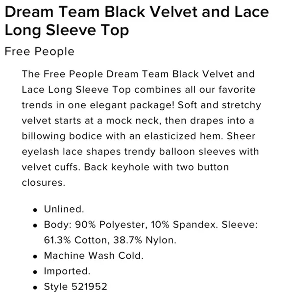Free People Dream Team Black Velvet Lace Blouse Sz S - Image 15